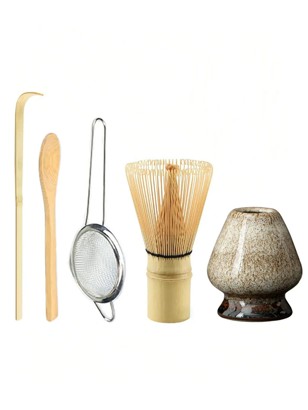 Bamboo Matcha Whisk & Tea Tool Set – 4 & 5-Piece Japanese Matcha Kit with Scoop, Strainer & Whisk Holder