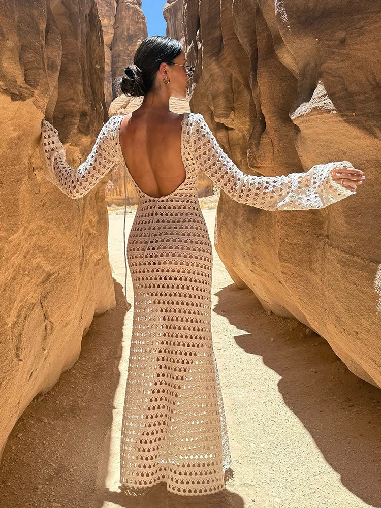 Zarevia Backless Crochet Knit Maxi Dress – Long Sleeve Sheer Swimwear Cover Up with Flared Cuffs