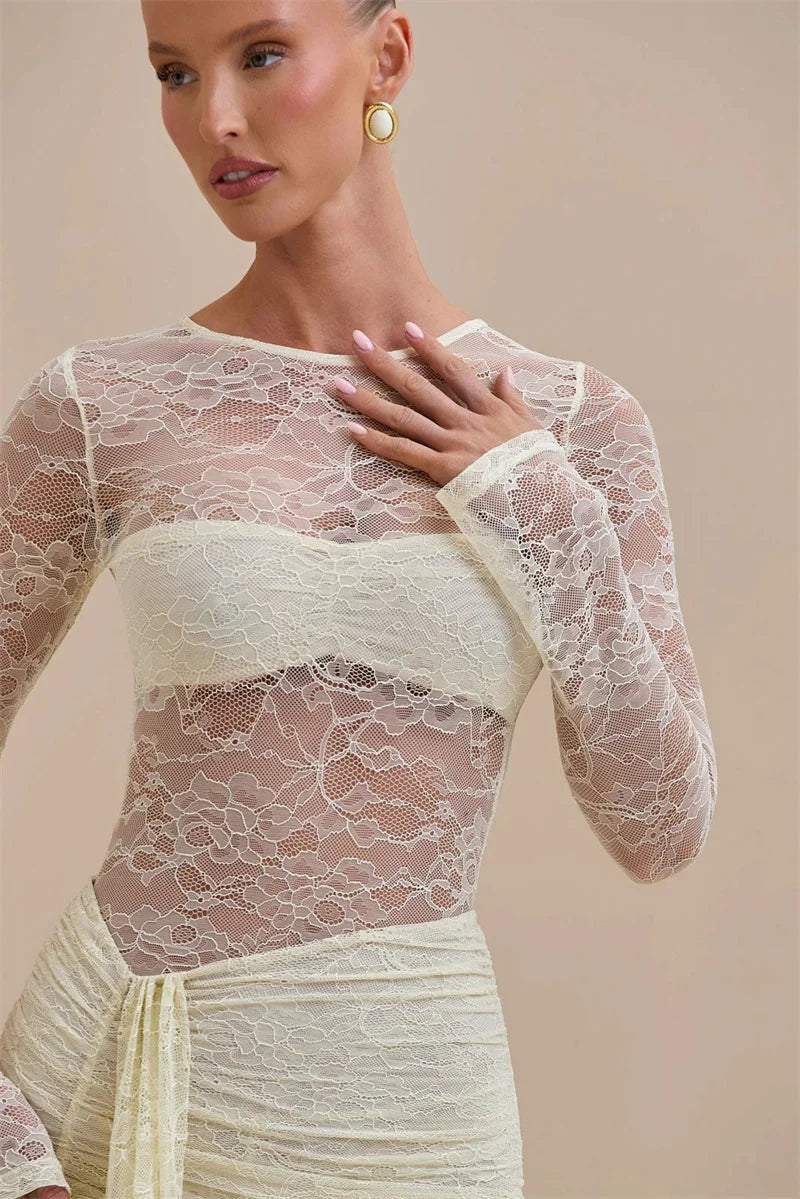 Vionara Lace Sheer Jumpsuit with Draped Wrap Detail – Long Sleeve Mesh Eveningwear for Party & Occasion Outfits