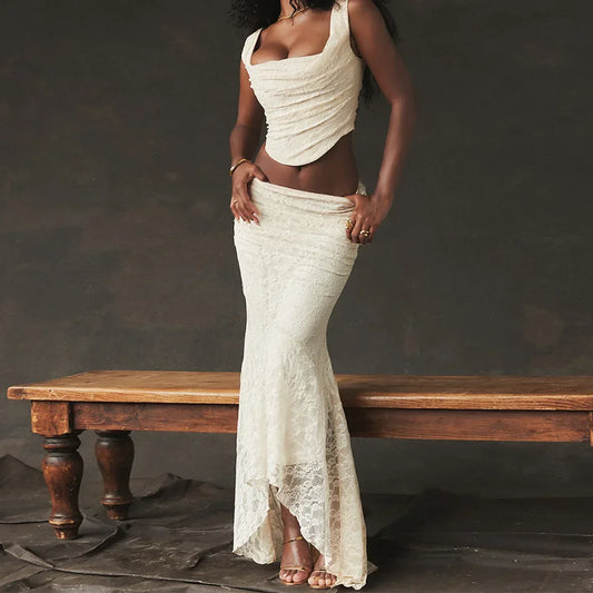Mirelia Lace Two-Piece Co-Ord – Ivory Ruched Crop Top & Maxi Skirt Set for Party, Eveningwear & Wedding Guests