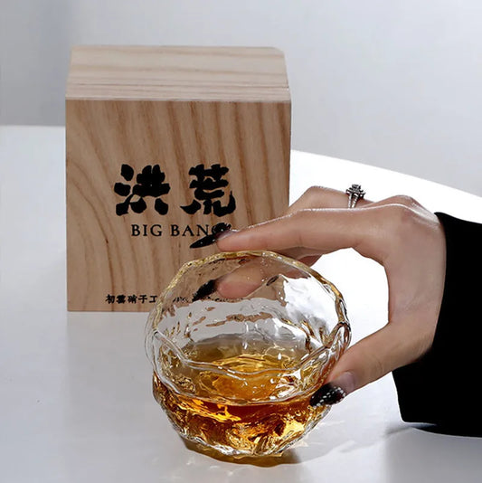 Hikari Sculpted Whisky Glass – Japanese Hand-Blown Irregular Crystal Tumbler with Wooden Gift Box | Single or 2-Piece Set