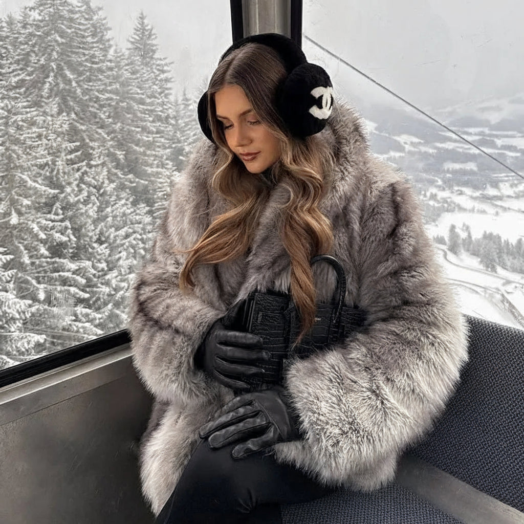 Marenza Long Plush Faux Fur Coat – Women’s Luxury Striped Faux Fox Jacket for Winter Daywear and Evening Partywear