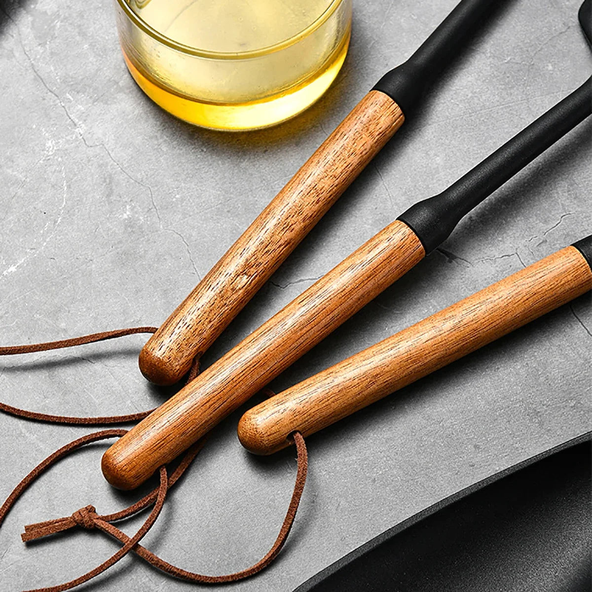 7-Piece Black Silicone Cooking Utensil Set with Wooden Handles – Non-Stick Heat Resistant Kitchen Tools