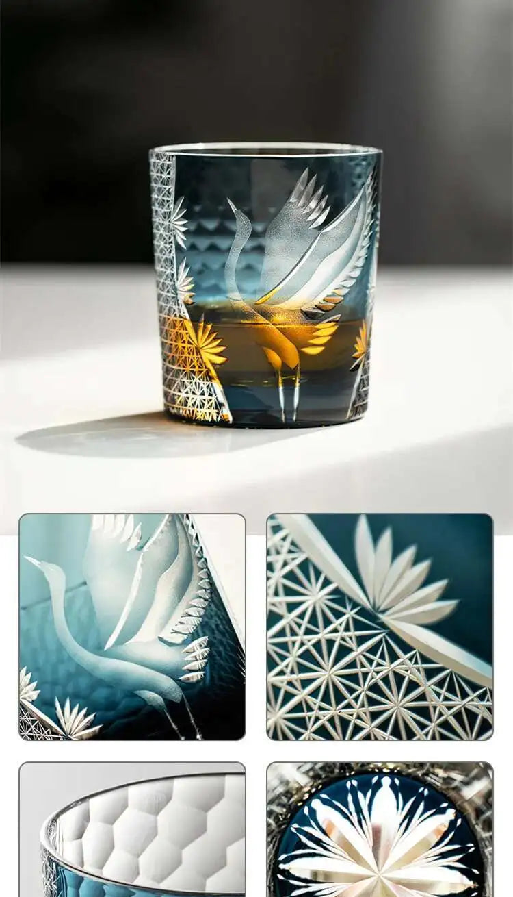 Japanese-Style Edo Kiriko Hand-Engraved Whisky Glass with Crane Motif – Crystal Glass Tumbler with Gift Box (260ml)