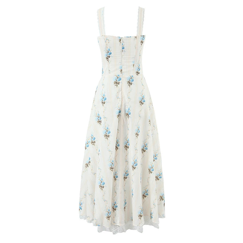 Florielle Floral A-Line Midi Dress with Wide Straps – Corset Style Summer Dress, Holiday Dress & Wedding Guest Outfit