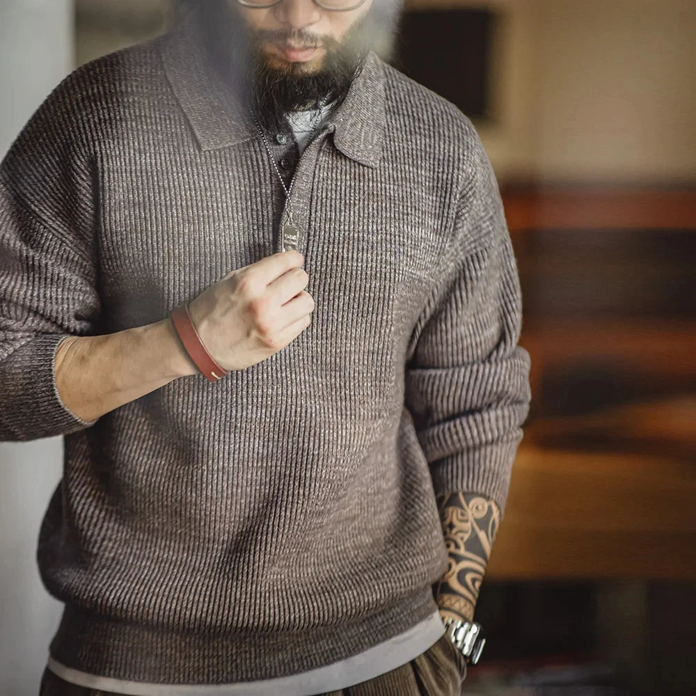 Caelen Knitted Long Sleeve Collared Sweater – Ribbed Textured Knit Jumper in Coffee Brown