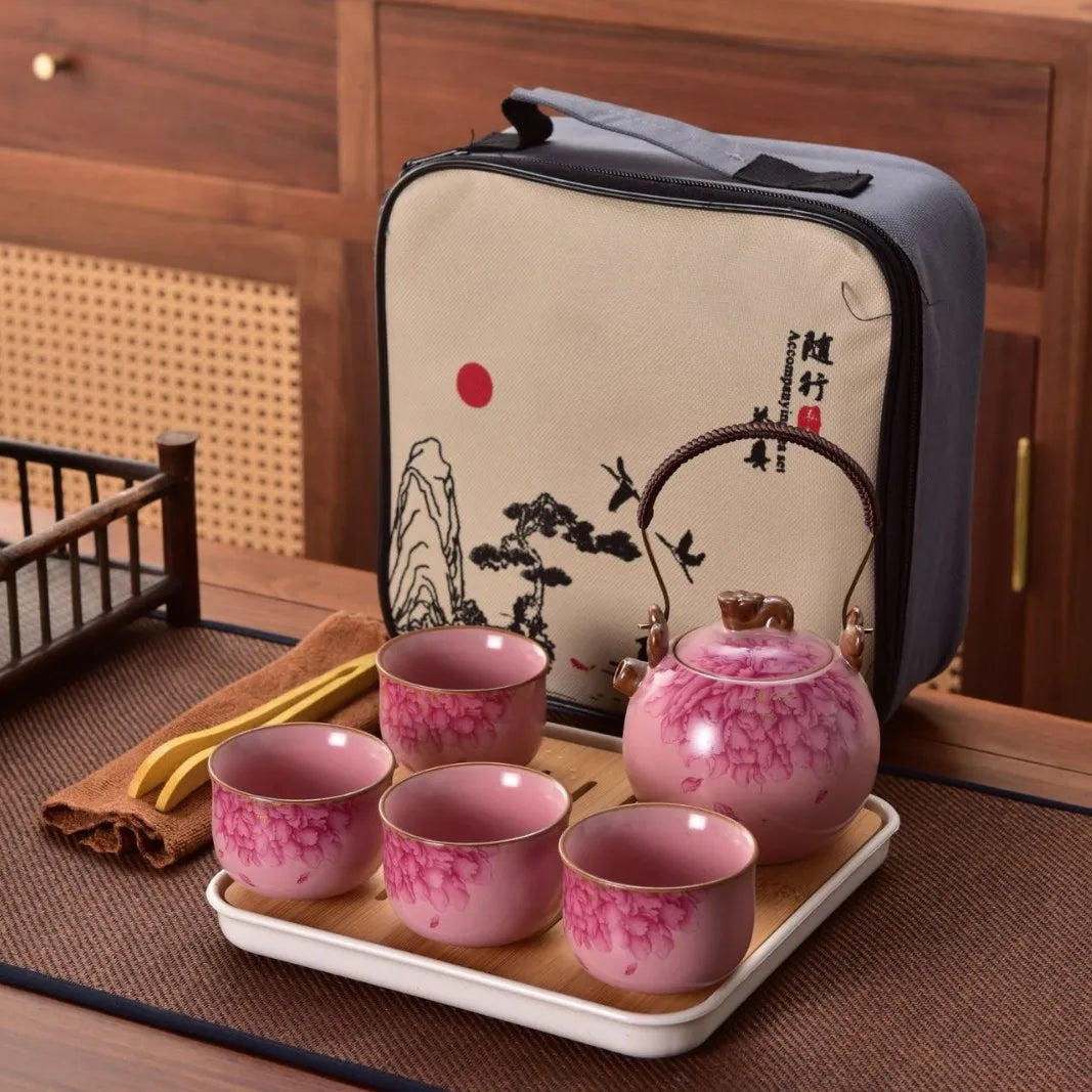 Willow Grove Travel Tea Set Collection – Ceramic Teapot and 4 Teacups Portable Tea Set with Case for Home, Gift and Outdoor Use