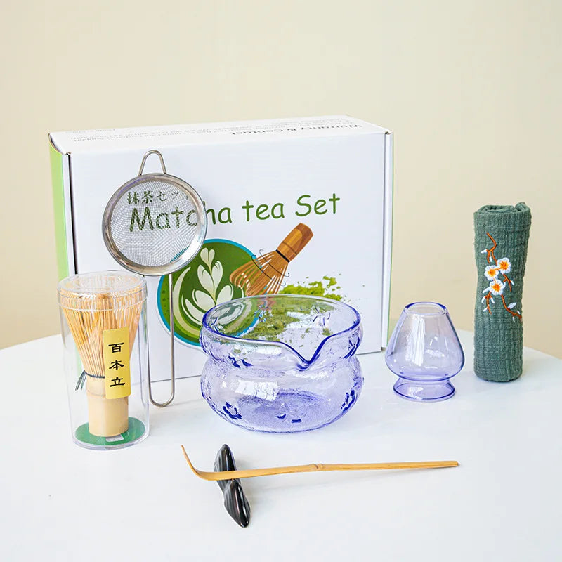 Akari Glass Matcha Tea Set – Pink & Purple Matcha Bowl Kit with Whisk, Scoop and Strainer, Complete Matcha Starter Gift Set