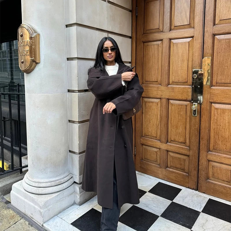 Adelisse Belted High Neck Wool Blend Maxi Coat – Women’s Longline Winter Overcoat with Statement Collar