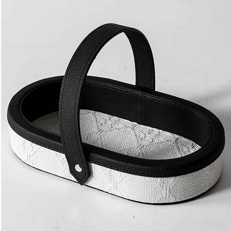 Luxury Leather Storage Basket with Handle – Oval Organiser Tray for Keys, Jewellery & Desk Accessories