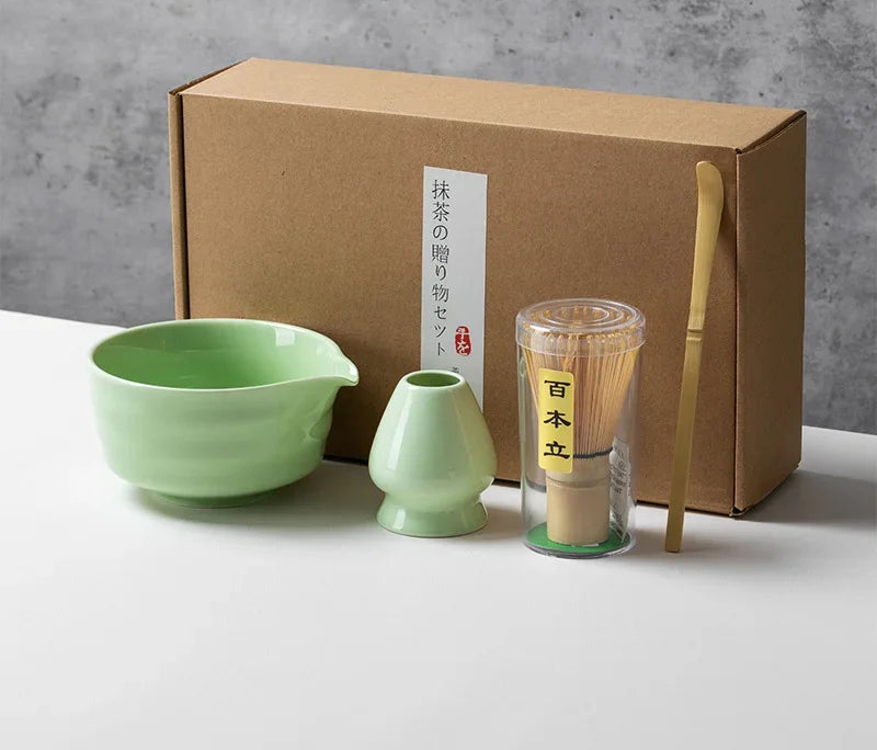 Matcha Tea Set with Ceramic Bowl & Bamboo Accessories – 4/5/6 Piece Traditional Japanese Matcha Kit in Sage Green