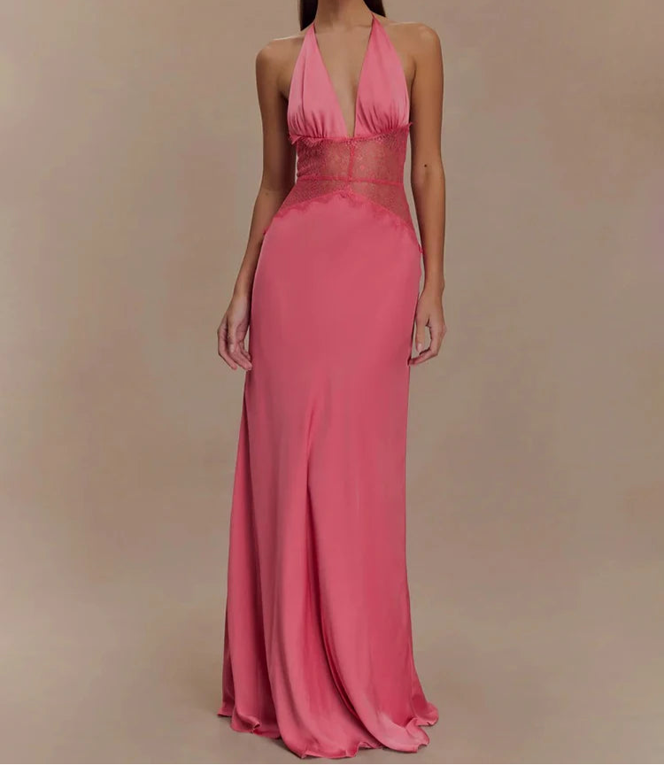 Alvara Halterneck Lace Panel Maxi Dress – Backless Sleeveless Occasion Gown