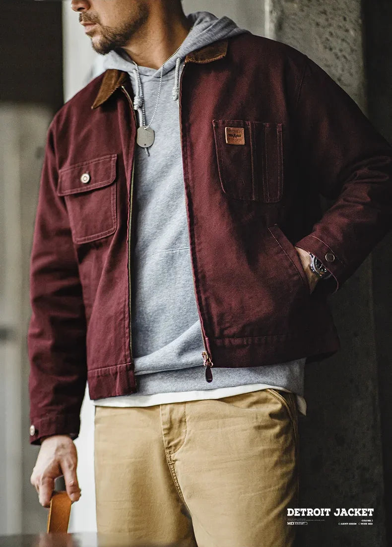 Detroit Jacket – Men’s Canvas Zip-Up Jacket with Corduroy Collar and Lined Interior