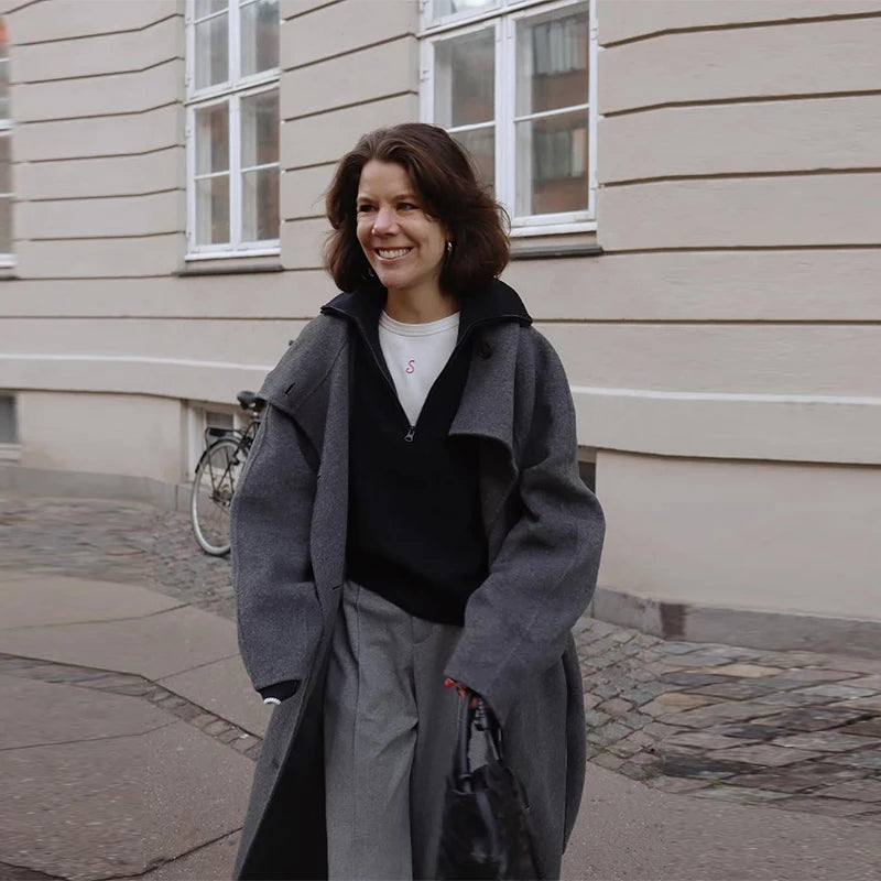 Adelisse Belted High Neck Wool Blend Maxi Coat – Women’s Longline Winter Overcoat with Statement Collar