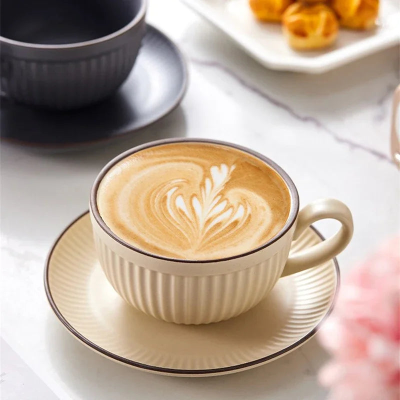 Ribbed Ceramic Tea and Coffee Cup and Saucer Set – Textured Cup with Handle, Modern Kitchen Drinkware