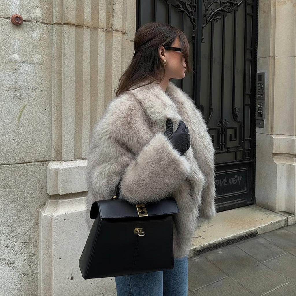 Mirellana Plush Faux Fur Coat – Women’s Oversized Luxury Winter Jacket with Wide Collar