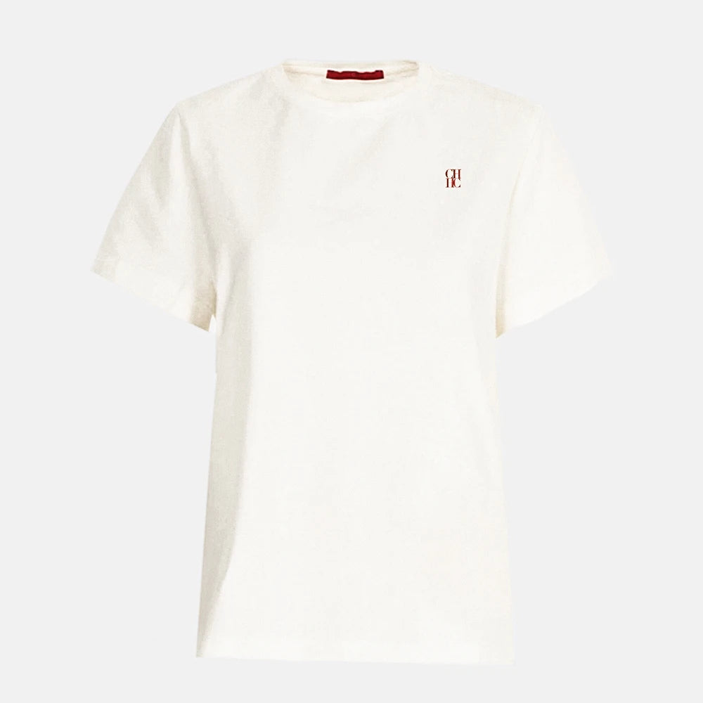 Renée Logo Detail Cotton T-Shirt – Minimalist Short Sleeve Tee in Off-White