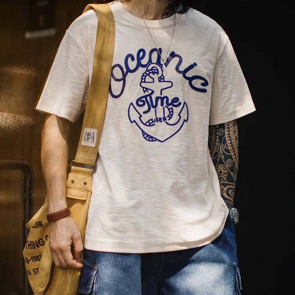 Marino Men’s Graphic Cotton T-Shirt – Cream Crew Neck Anchor Print Short Sleeve Tee