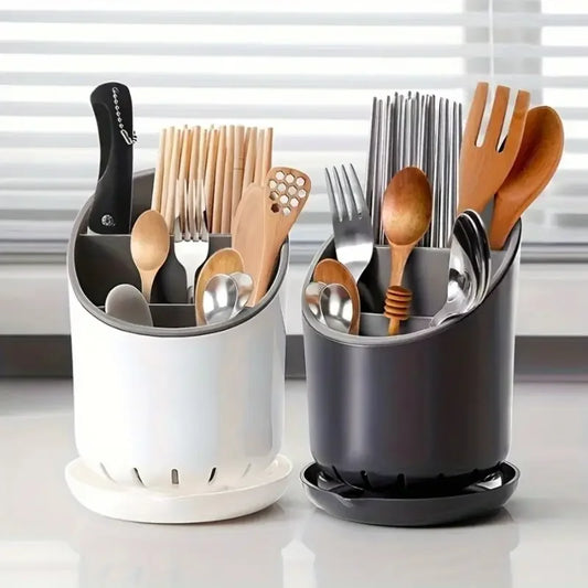 Utensil Holder with Draining Base – Large Cutlery Organiser for Kitchen Spoons, Forks & Knives