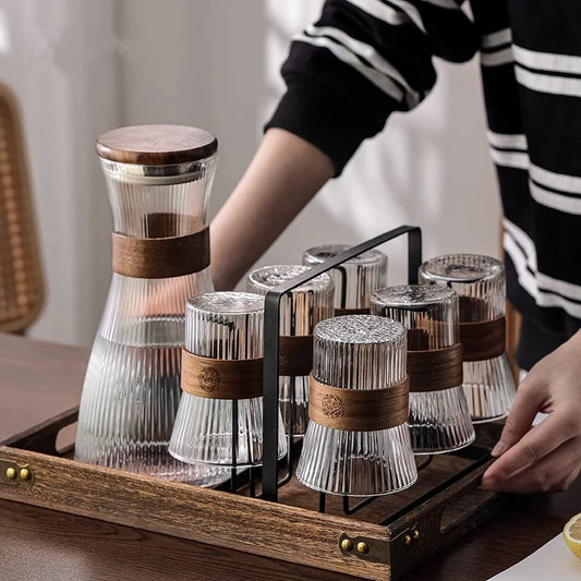 Ribbed Glass Carafe & Tumbler Set with Wooden Lid, Stand and Tray – Elegant Water & Juice Pitcher for Dining and Entertaining