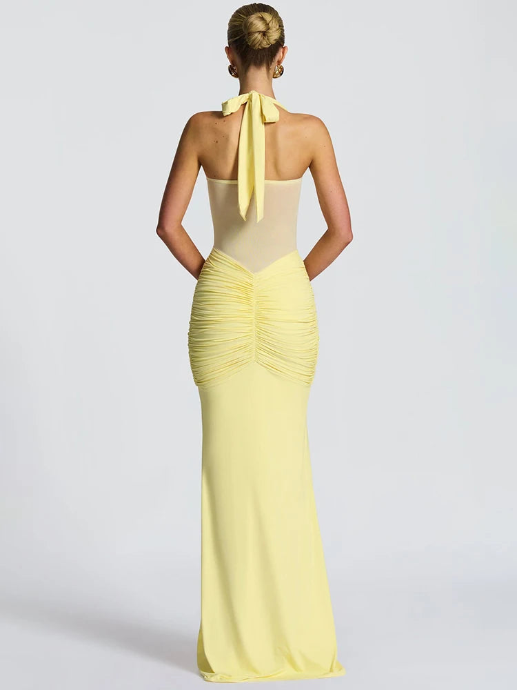 Syrene Halter Ruched Bodycon Maxi Dress – Sculpting Evening Gown for Weddings, Events & Parties