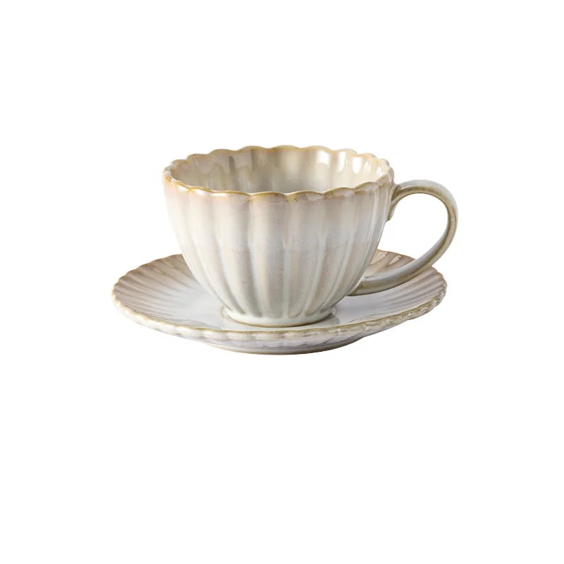 Aurevian Ribbed Coffee and Tea Cup and Saucer Set – Textured Ceramic Cup 200ml Signature Tableware