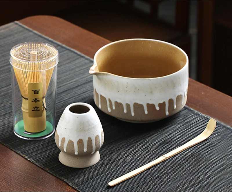 Matcha 4 Piece Tea Set with Bamboo Whisk and Ceramic Bowl – Japanese Green Tea Ceremony Kit