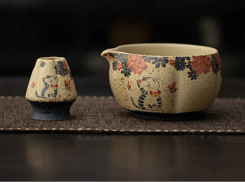 Japanese Matcha Gift Set – 2/4/8 Piece Tea Ceremony Kit with Floral Bowl, Bamboo Whisk & Tools
