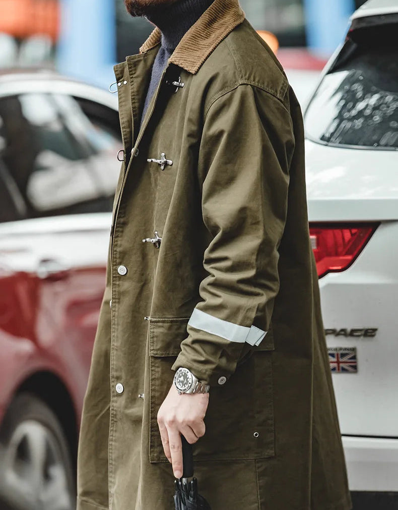 Kenslow Men’s Cotton Utility Trench Coat – Toggle Front Jacket with Corduroy Collar