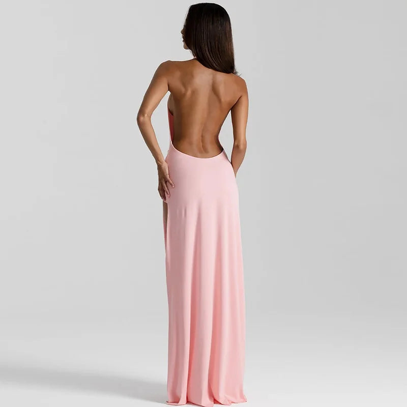 Serenelle Halter Neck Maxi Dress – Deep V Backless Evening Dress, Thigh Split Elegant Gown in Pink, Lemon & Black