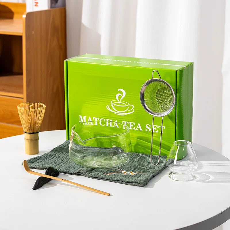 Kōrin Glass Matcha Tea Set – 7 Piece Matcha Bowl Set with Bamboo Whisk, Scoop, Strainer and Holder