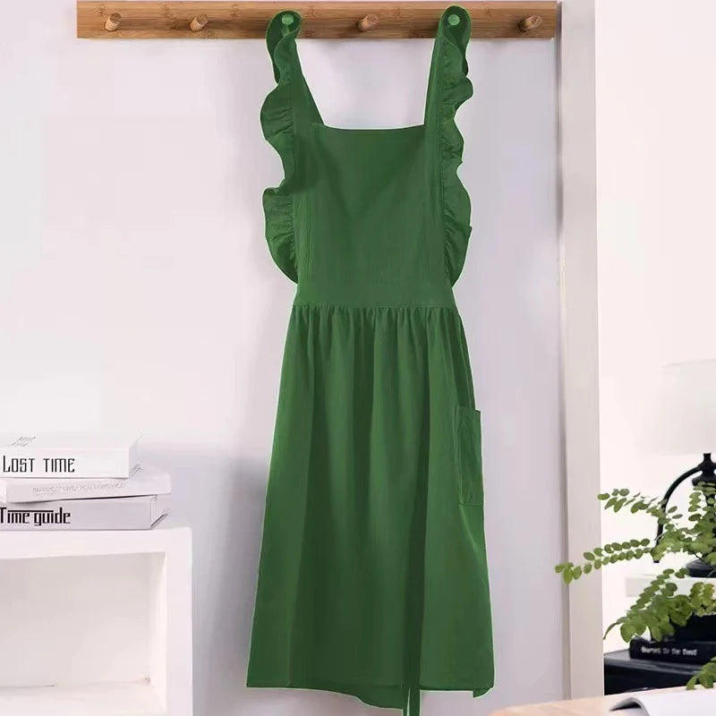Vintage Frill Apron Dress – Ruffle Strap Kitchen Apron with Pockets for Cooking, Baking & Cleaning