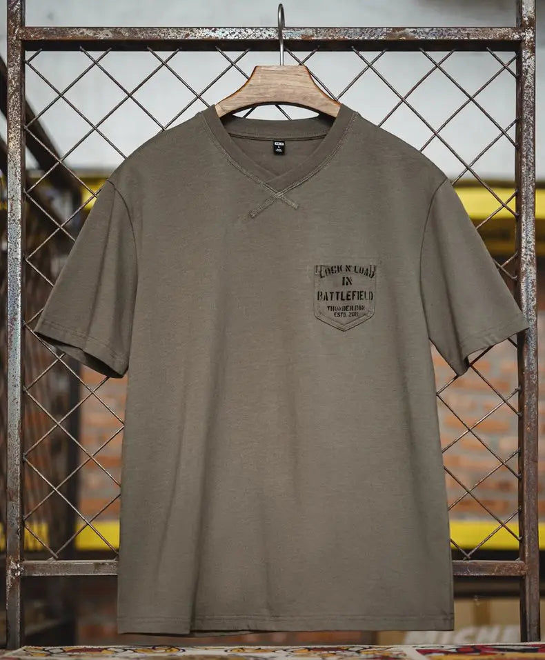 Carston Men’s Cotton V-Neck T-Shirt – Chest Pocket Detail Casual Short Sleeve Tee in Taupe Brown