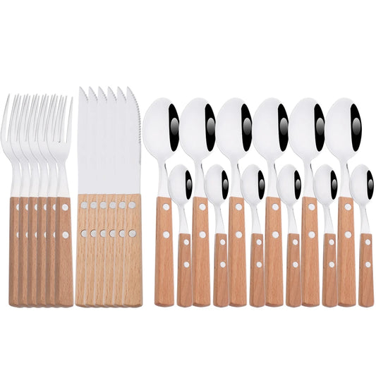 Wooden Handle Cutlery Set – 24 Piece Stainless Steel Knives, Forks & Spoons for Dining & Kitchen