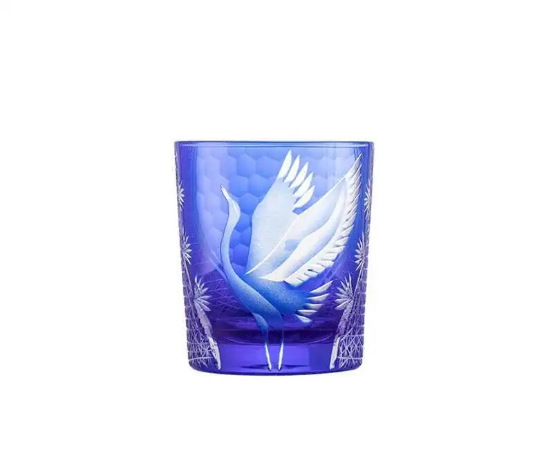 Japanese-Style Edo Kiriko Hand-Engraved Whisky Glass with Crane Motif – Crystal Glass Tumbler with Gift Box (260ml)