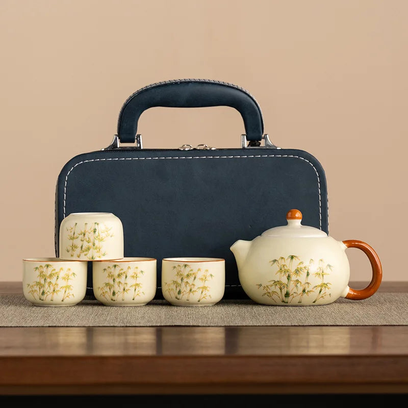 Bamboo Grove Ceramic Travel Tea Set – Teapot and 4 Teacups Portable Tea Set with Carry Case for Home, Gifting and Outdoor Use