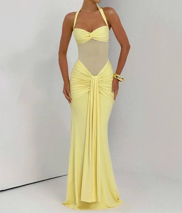 Syrene Halter Ruched Bodycon Maxi Dress – Sculpting Evening Gown for Weddings, Events & Parties