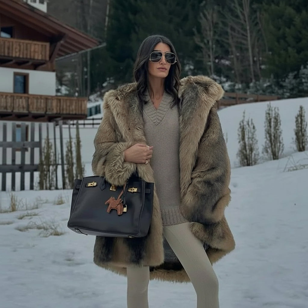 Marquessa Hooded Plush Faux Fur Coat – Women’s Long Luxury Faux Fur Winter Jacket with Oversized Hood