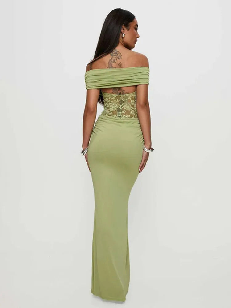 Eloria Off Shoulder Lace Maxi Dress – Bodycon Evening Dress, Elegant Green Party & Occasion Dress