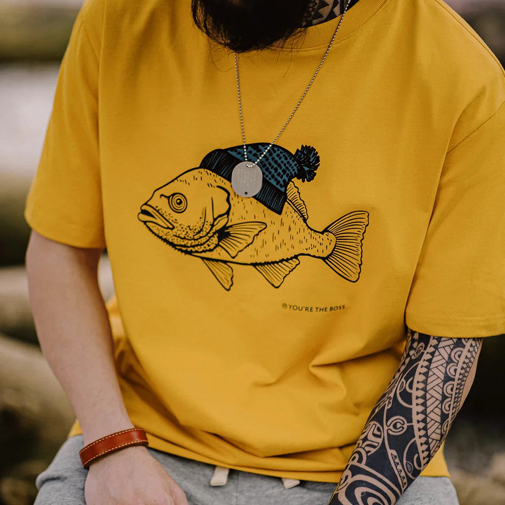 Boss Fish Graphic Cotton T-Shirt – Men’s Oversized Round Neck Short Sleeve Tee