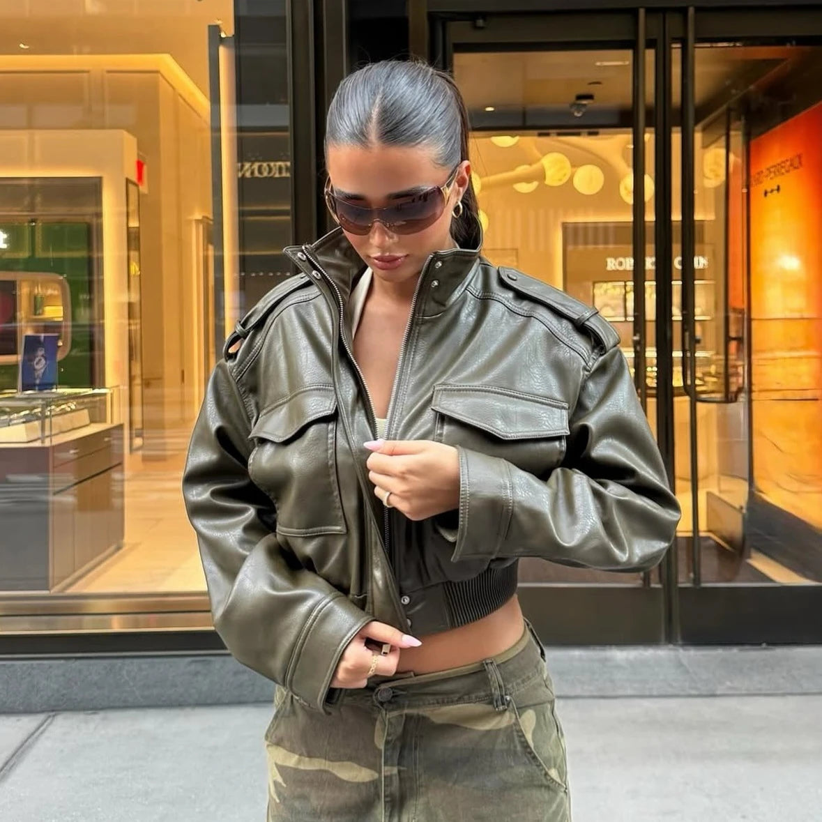 Varelis Cropped Faux Leather Jacket – Women’s Zip Front Outerwear with Utility Front Pockets