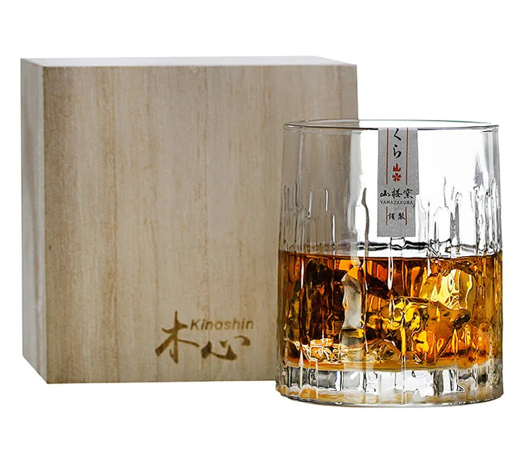 Kinoshin Bark Whisky Glass – Japanese Hammered Crystal Tumbler with Wooden Gift Box (275ml)