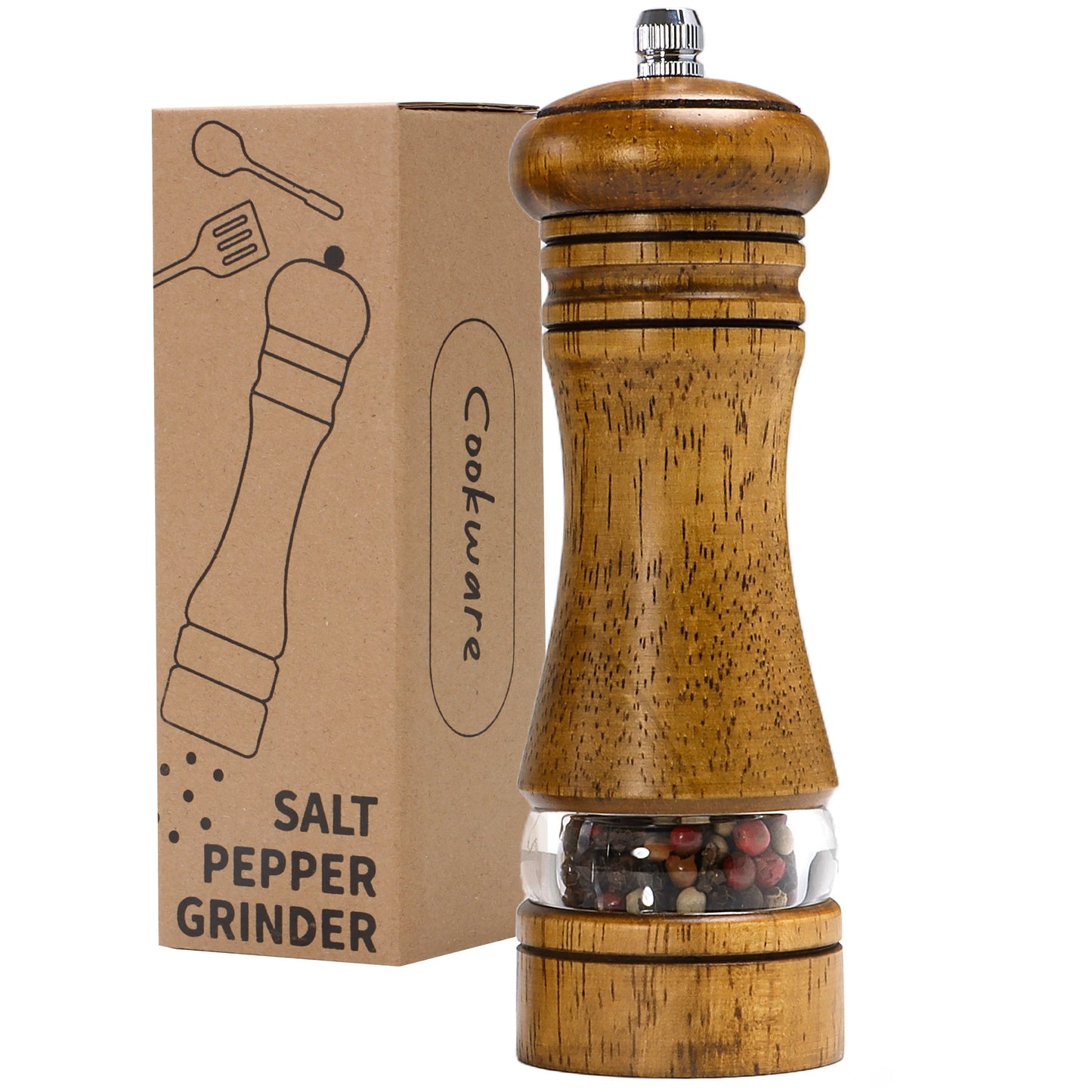 Premium Wooden Salt and Pepper Grinder Set – Adjustable Ceramic Mill with Clear Acrylic Window