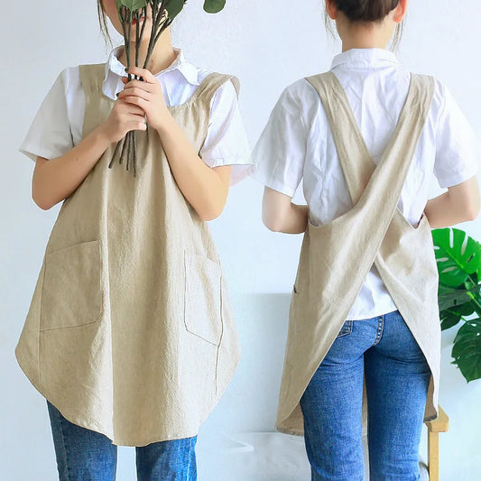 Cross Back Apron for Women – Japanese Style Pinafore Apron with Pockets for Cooking, Gardening & Crafts