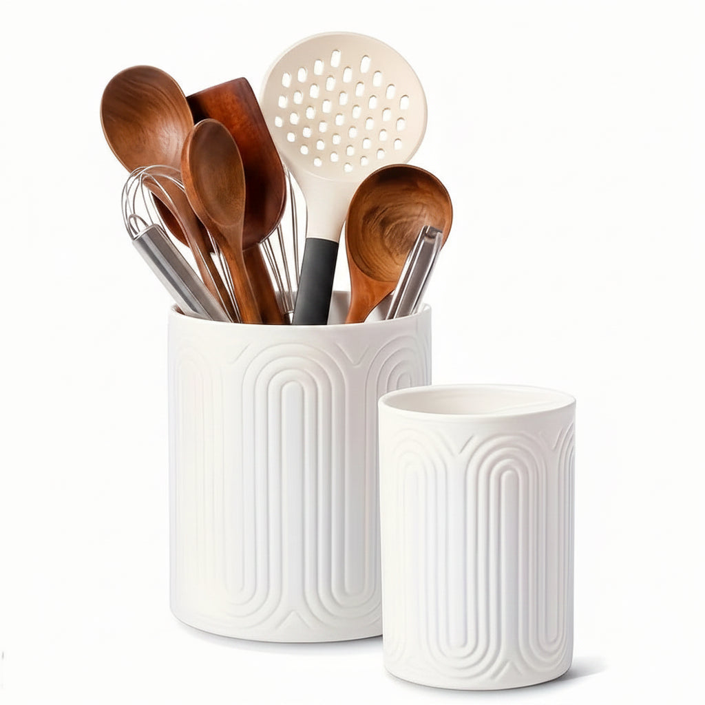 Linea Textured Ceramic Utensil Holder – Kitchen Counter Storage Jar