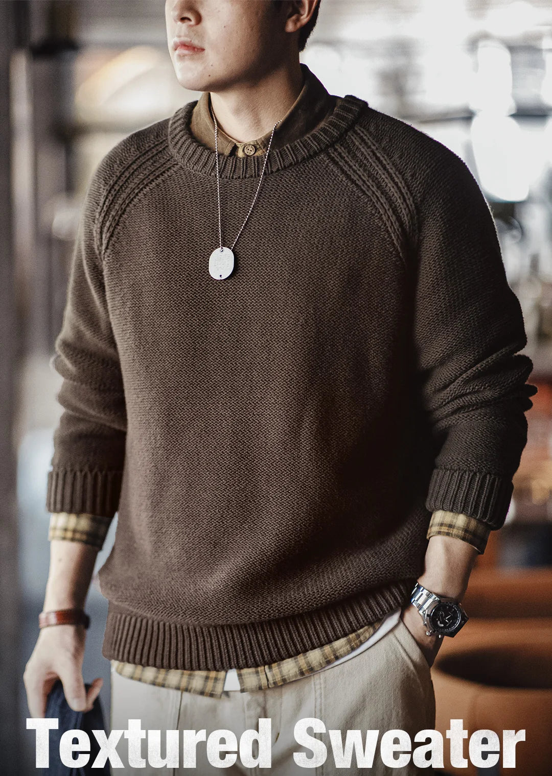 Men’s Heavyweight Knit Sweater – Premium Textured Jumper Pullover in Deep Brown