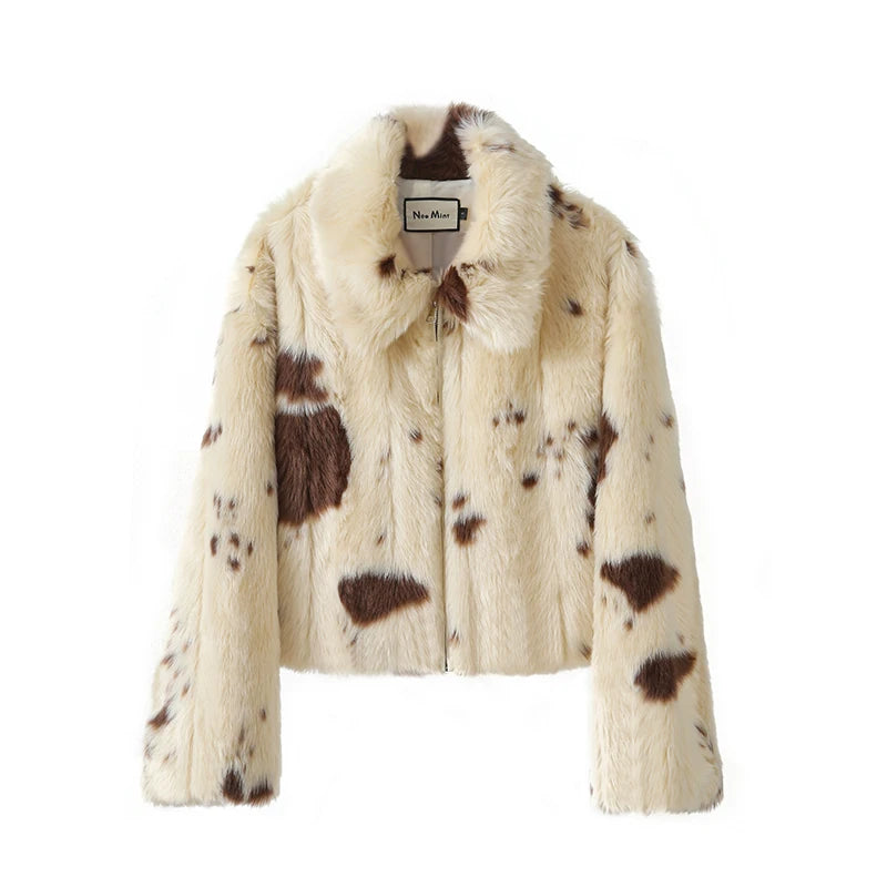 Calvaya Cropped Faux Fur Jacket – Women’s Luxury Cow Print Animal Faux Fur Coat for Winter Outfits & Statement City Style