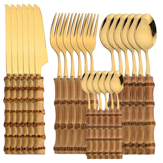 24-Piece Bamboo Handle Cutlery Set – Stainless Steel Knife Fork Spoon Flatware in Gold & Silver