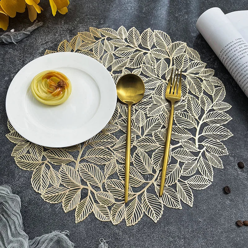 Leaf Cutwork Round Dining Placemats Set of 6 – Decorative Table Mats Non Slip Wipe Clean Heat Resistant Kitchen Table Placemats