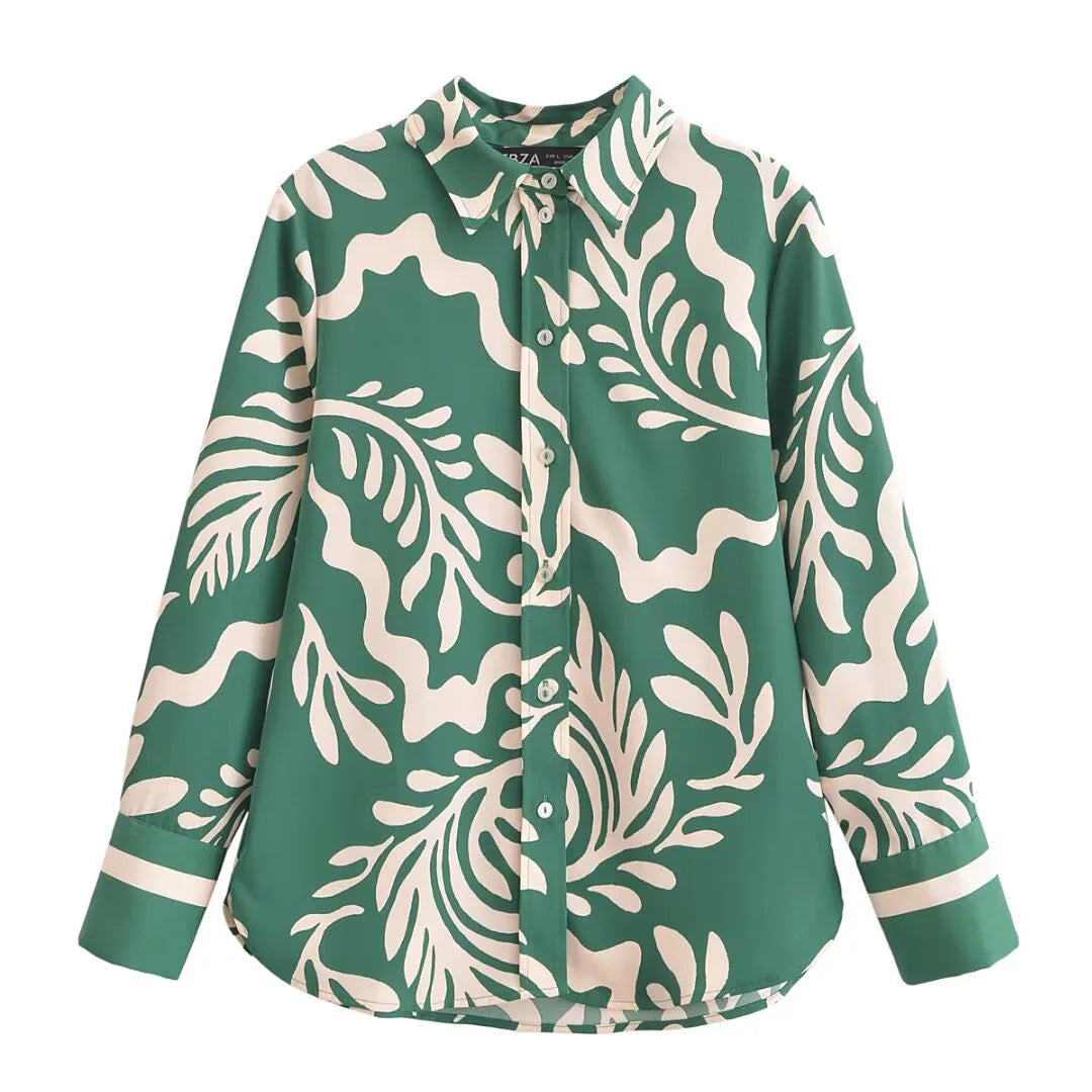 Callista Printed Co-Ord Set – Button-Up Shirt and Wide-Leg Trousers in Black or Green